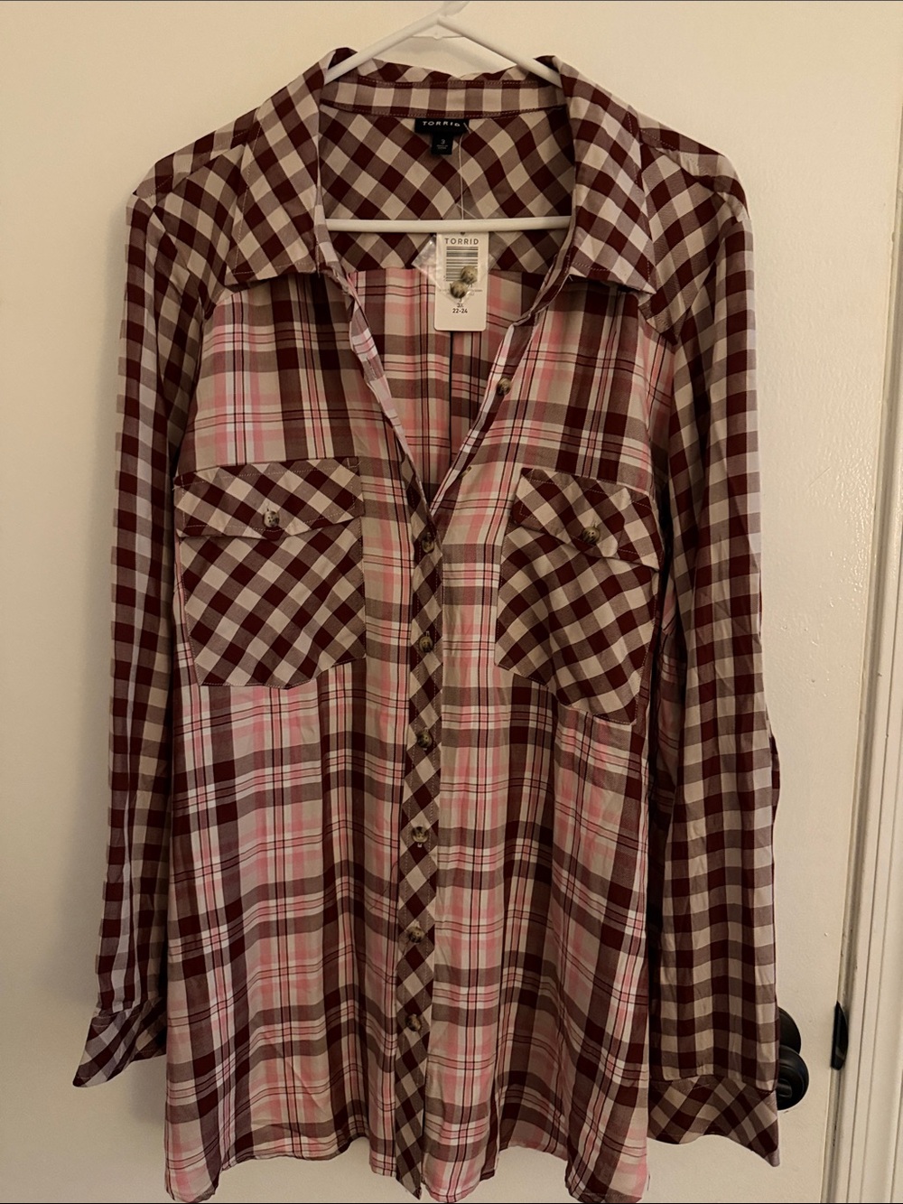 torrid Pink and Burgundy Plaid Button-Down Shirt